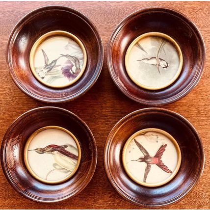 4 hummingbirds brown framed pictures 4" circle - Vintage #800