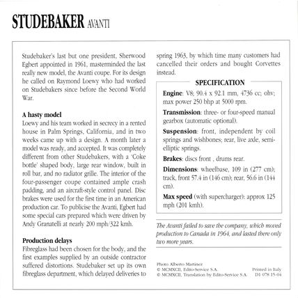 Collectors Club card. Classic Cars. Studebaker Avanti