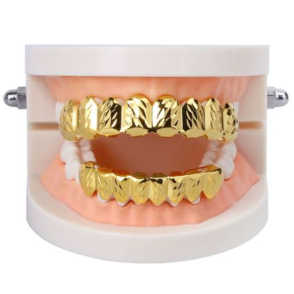 Hip Hop Two Tone Brass Rapper's Bling Teeth Diamond Cut Grillz Top & Bottom Set