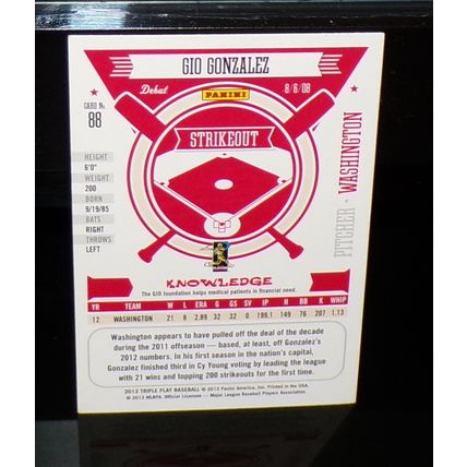 PANINI 2013 TRIPLE PLAY GIO GONZALEZ STRIKEOUT BASEBALL CARD #88