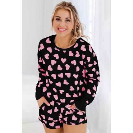 Black Valentine Heart Shape Print Long Sleeve Top Shorts Lounge Set