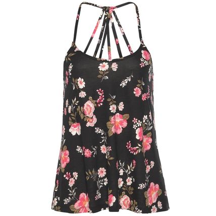 Black Floral Spaghetti Straps Strappy Back Tank Top