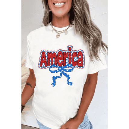 White Funky America Letter Bow Printed T Shirt