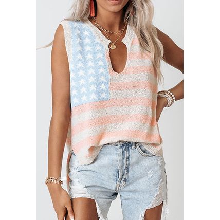 Beige USA Flag Notched Neckline Loose Sweater Vest