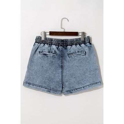 Dusk Blue Drawstring High Waist Pocketed Denim Shorts