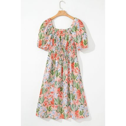 Apricot Pink Floral Smocked Bust Bubble Short Sleeve Maxi Dress