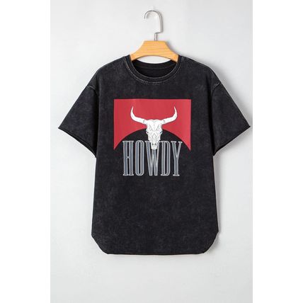 Black Western HOWDY Steer Head Print Side Slits Loose Fit T Shirt