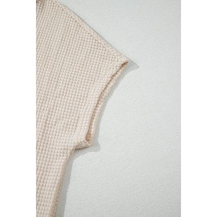 Pale Khaki Solid Color Textured Seamed Short Sleeve Top