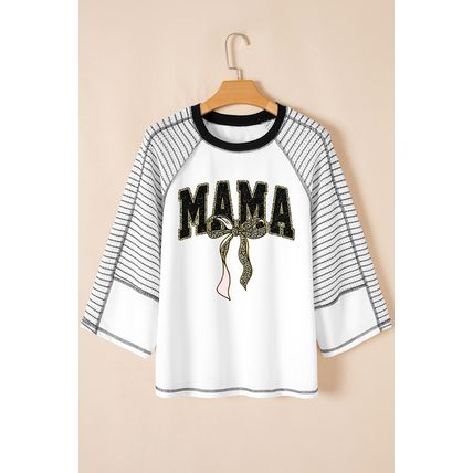 Black MAMA Leopard Bow Print Contrast Sleeves Loose Top