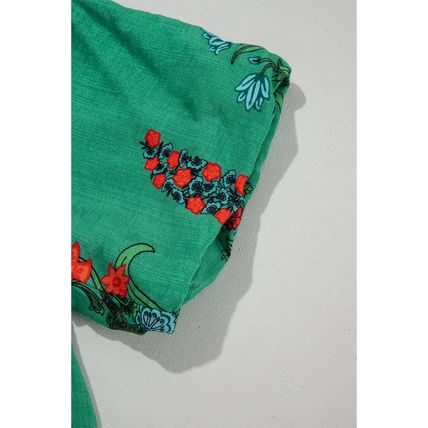 Bright Green Floral Print Buttoned V Neck Short Sleeve Blouse