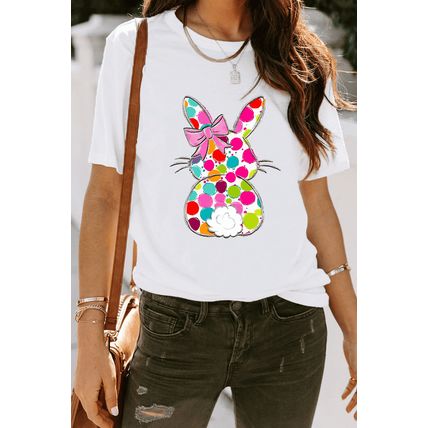 White Polka Dot Bow Rabbit Graphic Crewneck Easter Fashion Tee
