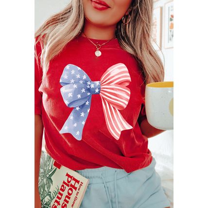 Red Stars and Stripes Bow Print Independence Day T Shirt
