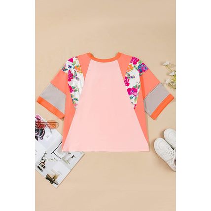 Orange Plus Size Floral Print Patchwork Raglan Half Sleeve Top