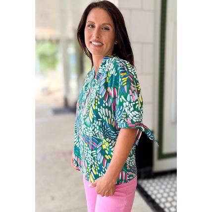 Green Abstract Print Knotted Short Sleeve Plus Size Blouse