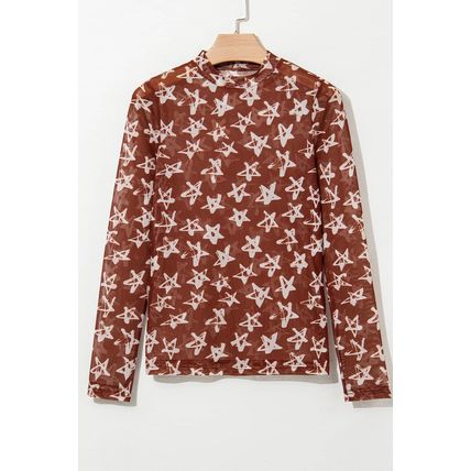 Red Mesh Star Print Mock Neck Sheath Long Sleeve Top