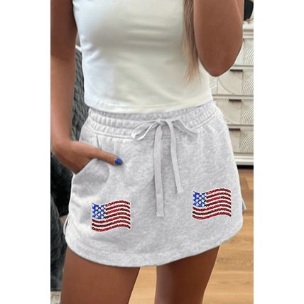 Light Grey American Flag Patched Lace-up High Waist Skort