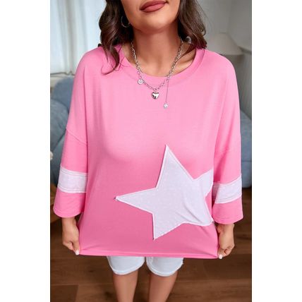 Pink Star Patched Colorblock Raw Edge Bracelet Sleeve Plus Size Loose Tee