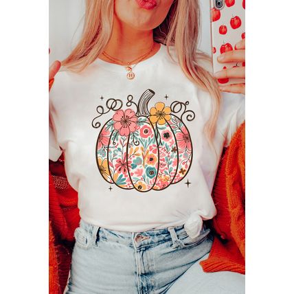 White Floral Pumpkin Print Cotton Blend T Shirt