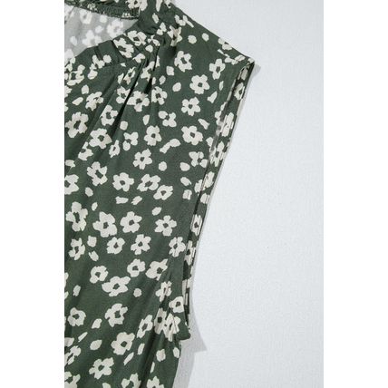 Green Boho Floral Print V Neck Tunic Sleeveless Dress