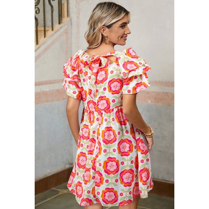 Rose Floral Print Square Neck Lace up Back Ruffled Sleeve Dress