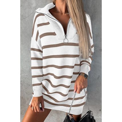 Brown Striped O-ring Zip Collared Loose Sweater Mini Dress