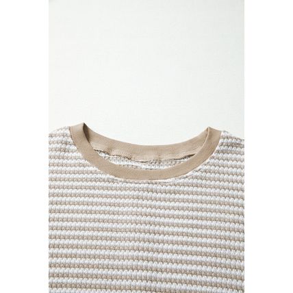 Brown Stripe Ribbed Trim Drop Shoulder Long Sleeve Oversize Top