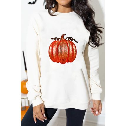 White Sequin Pumpkin Patched Casual Pullover Graphic Sweatshirt