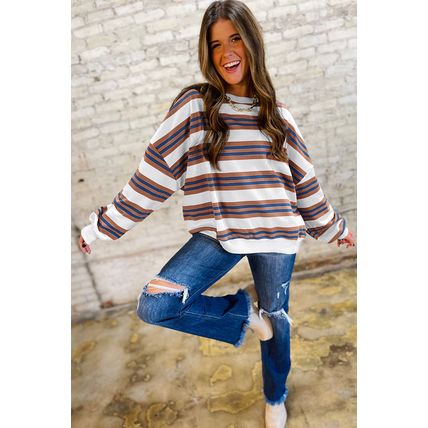 Brown Stripe Crew Neck Drop Shoulder Pullover Sweatshirt