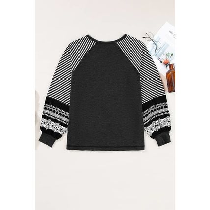 Black Contrast Print Striped Raglan Long Sleeve Loose Top