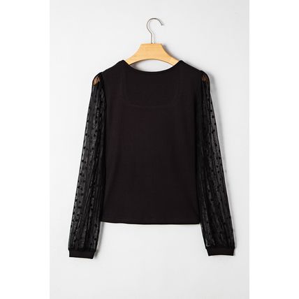 Black Polka Dot Mesh Puff Sleeve Patchwork Ribbed Square Neck Slim Top