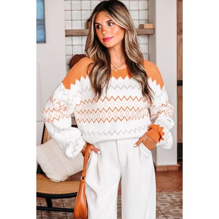 Khaki Zigzag Geometric Pattern Knitted Pullover Sweater
