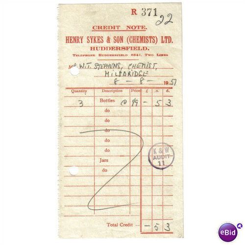 1957 HENRY SYKES & SON LTD "CHEMISTS" HUDDERSFIELD R371