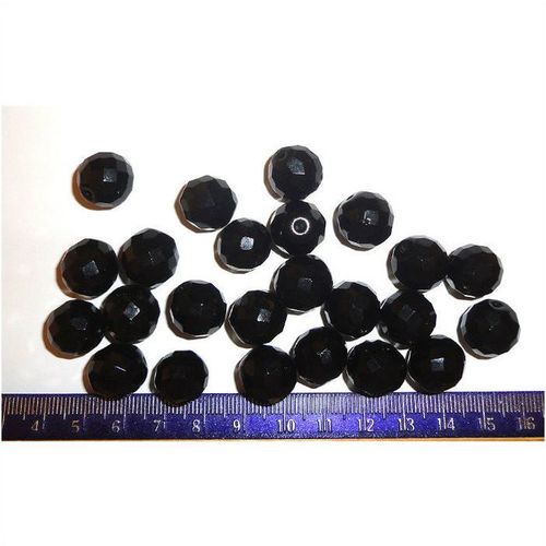 BEADS #004 lot of 24 black facet fire polished round glass pieces drilled