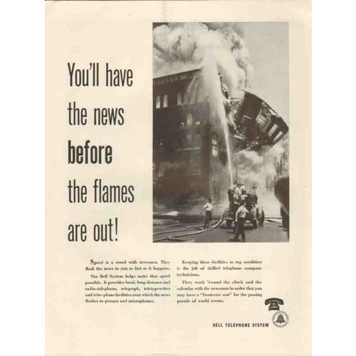 bell telephone system 1947 have news before flames are out vintage ad