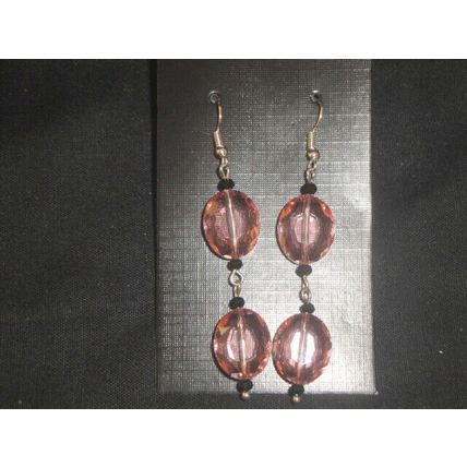 Stunning faceted large oval pink & black crystal glass dangle earrings