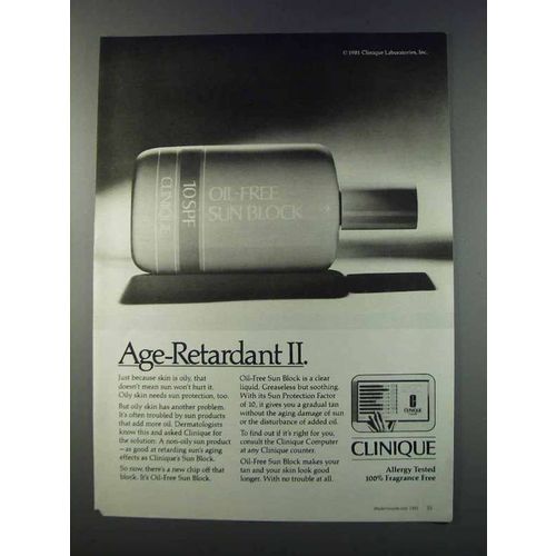 1981 Clinique Oil-Free Sun Block Ad - Age-Retardant II