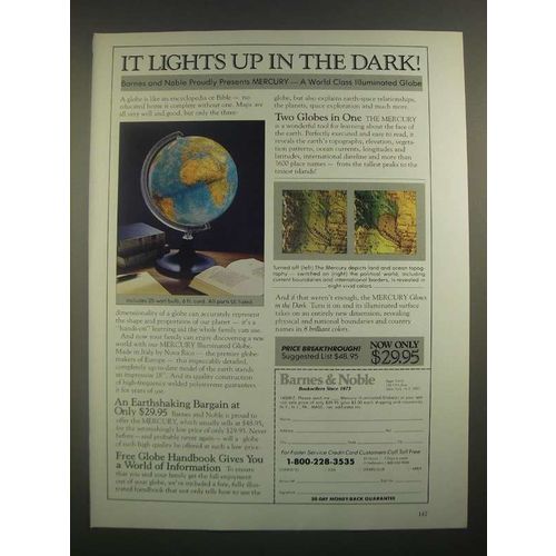 1988 Barnes & Noble Mercury Illuminated Globe Ad - Lights in the Dark