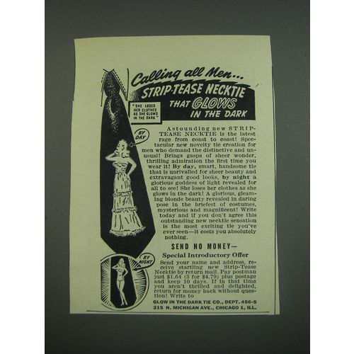 1949 Glow in the Dark Tie Co. Strip-Tease Necktie Ad - Calling all men