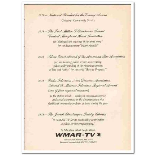 WMAR-TV 1973 Channel 2 Baltimore Emmy Award service media vintage ad