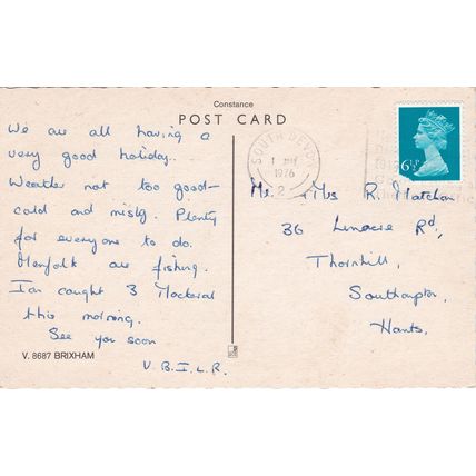 Standard size printed postcard of Brixham Devon