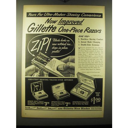 1948 Gillette Razors and Blades Ad - Yours for ultra-modern shaving convenience