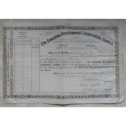 Famatina Development Corporation Limited 100 Shares 1907 Stock/Share Certificate