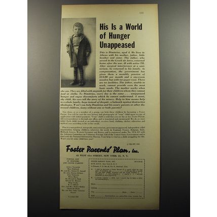 1956 Foster Parents' Plan Ad - His is a world of hunger unappeased