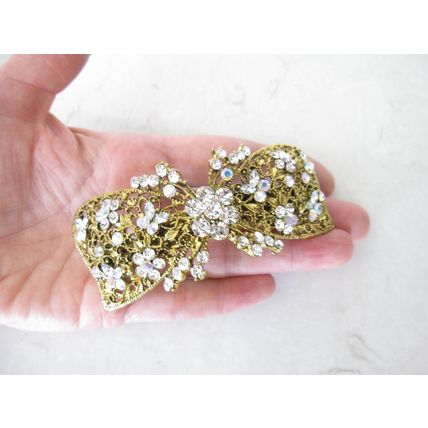 Large bronze gold bow leaves flowers amber purple blue crystal hair barrette