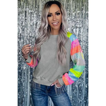 Gray Sequin Color Block Raglan Sleeve Pullover Sweatshirt