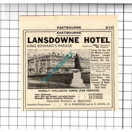 Lansdowne Hotel Eastbourne WA Robinson AE Lewis Small Advert - 1958 Cutting