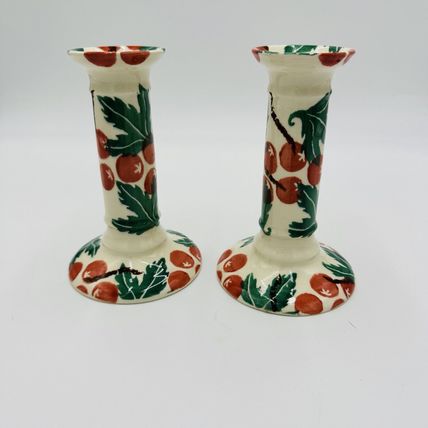 Moorland Candle Holders Staffordshire England Hand Painted Ceramic 6in Antique