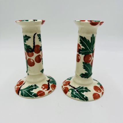 Moorland Candle Holders Staffordshire England Hand Painted Ceramic 6in Antique