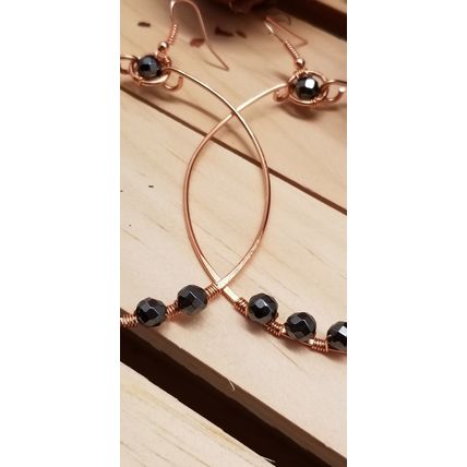 Handmade Hematite Copper Hoop Wire Wrapped Earrings