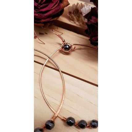 Handmade Hematite Copper Hoop Wire Wrapped Earrings